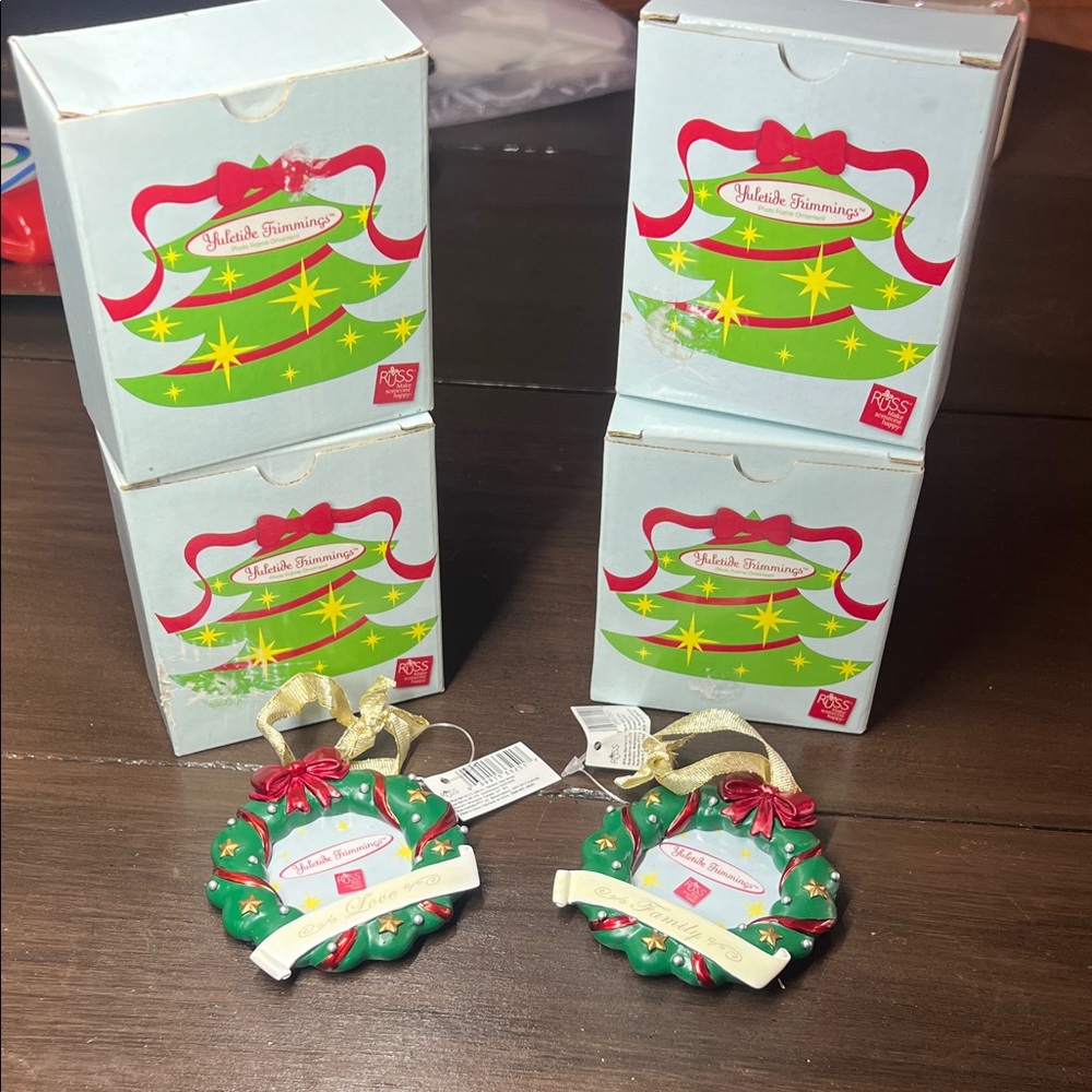 Four Wreath Ornaments - Green and Red 2 Family and 2 Love wreath ornaments